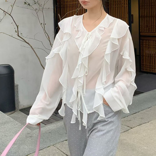 2026春季新款法式荷叶边小众设计感长袖系带飘逸仙气雪纺衫上衣女