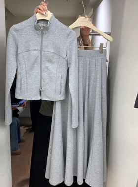 春季时尚简约灰色修身显瘦运动拉链卫衣外套配高腰半身裙两件套装