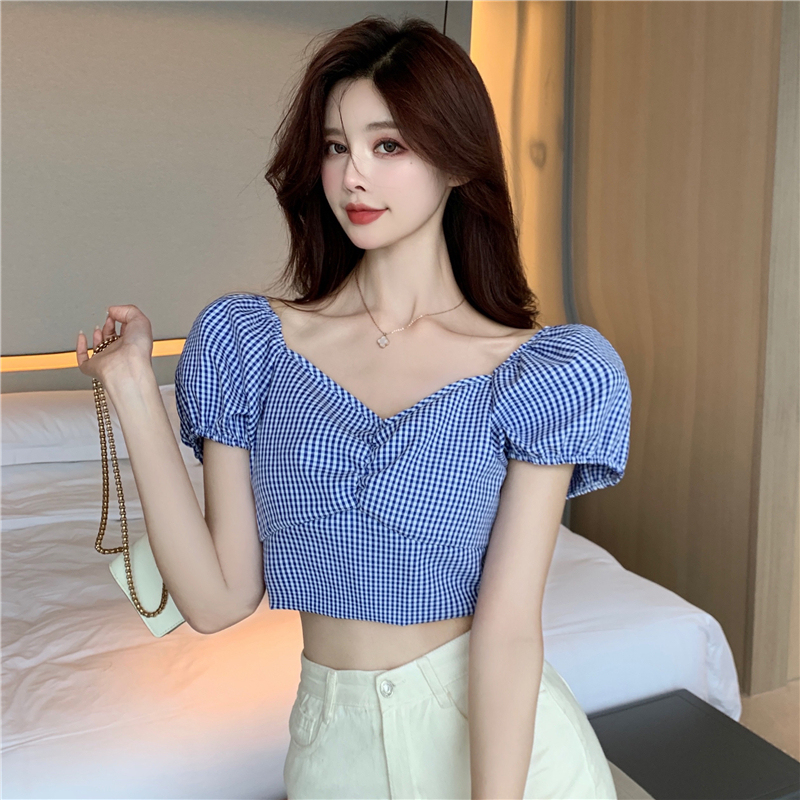 Temperament blue V-neck Plaid Shirt women's sense of design niche shirt summer slim waist short top