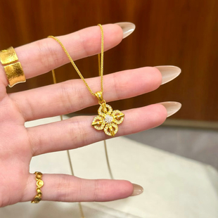 十字金刚杵古法沙金四叶花吊坠仿真黄金项链女复古高级感锁骨链