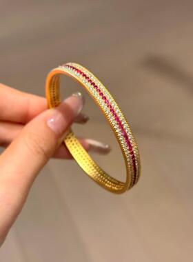 闪动红蔷薇手镯仿真黄金色三排钻贵妃镯子镀金新中式轻奢高级感女