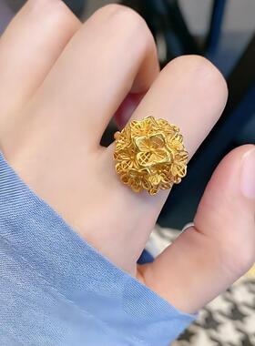 绣球花沙金戒指女仿真黄金色复古锦绣花塔指环婚嫁戒子假三金首饰