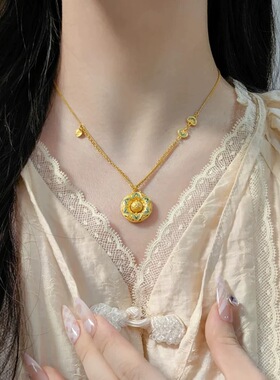 宝相莲境沙金项链仿真黄金四瓣花纹手链新中式敦煌风菱格轻奢套装