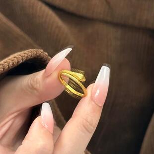 古法素圈灵蛇小戒指黄金色本命年999蛇戒开口仿真沙金高级感指环
