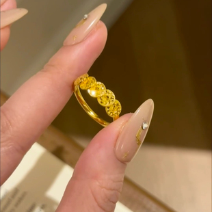 五帝钱币沙金戒指女爆闪钱多多仿真黄金点钻轻奢食指戒开口指环