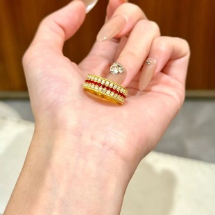 满天星闪耀满圈镶钻戒指红绿宝开口沙金三排指环新中式古法轻奢
