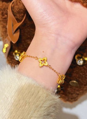 菱形四叶草星芒沙金手链复古黄仿真黄金色轻奢手串精致锆石幸运草