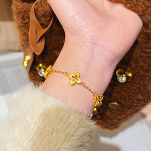 菱形四叶草星芒沙金手链复古黄仿真黄金色轻奢手串精致锆石幸运草