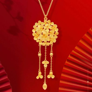 古法绣球花流苏沙金项链女仿真黄金色新中式婚礼婚嫁繁花吊坠套链