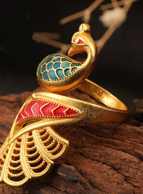 珐琅彩孔雀沙金戒指女