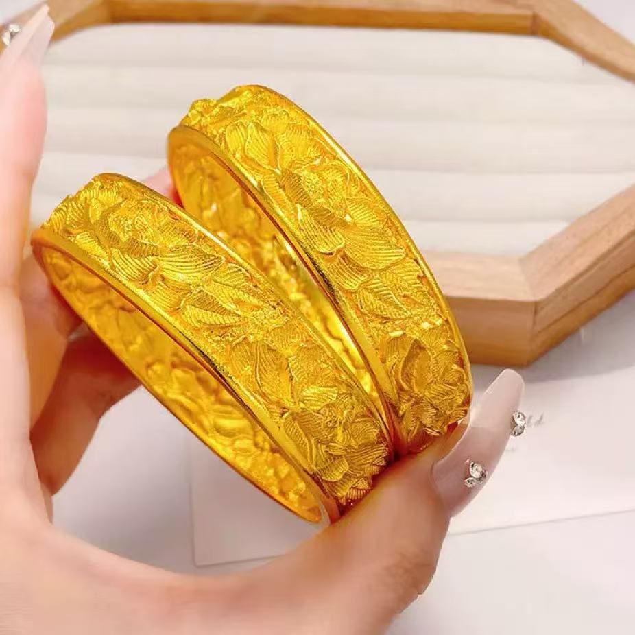 牡丹花沙金手镯仿真黄金镯子古法传承手环久不掉色轮胎镯结婚首饰