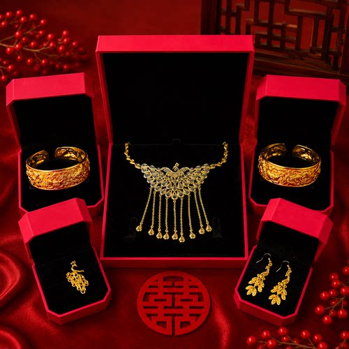 孔雀仿真套装假黄金五金首饰结婚三金套装沙金订婚手镯秀禾服配饰