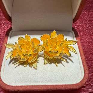 牡丹花耳钉仿真黄金沙金耳坠新中式婚嫁首饰结婚三金订婚耳饰五金