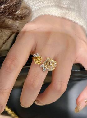 玫瑰花沙金戒指女轻奢黄金色