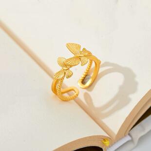 双蝴蝶花丝沙金戒指开口新中式黄金色时尚指环可调节精致金店同款