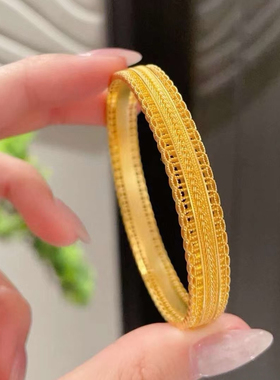 腰缠万贯沙金手镯仿真黄金编织纹理女宽面镯子百搭古法轻奢戒指