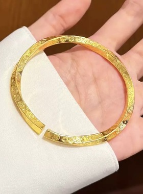 扭花吉言沙金手镯仿真黄金四方大吉大利开口錾刻手环女金店同款