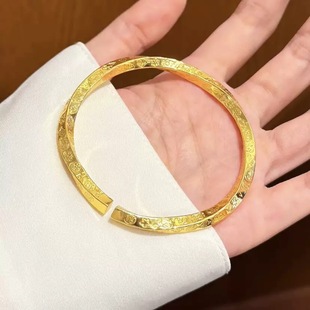 扭花吉言沙金手镯仿真黄金四方大吉大利开口錾刻手环女金店同款