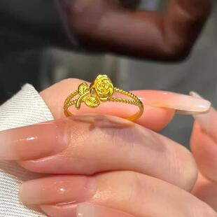 玫瑰花沙金戒指小王子平安喜乐紫荆花仿真黄金色桂花指环森系