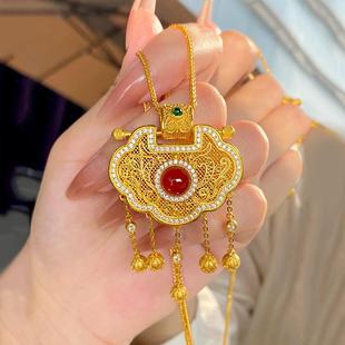 黄金色天子门生沙金项链龙凤流苏锁包平安锁中式珐琅彩吊坠毛衣链