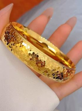 亮金爆闪宽版碎冰冰手镯女仿真黄金实心轮胎镀沙金新中式国风镯子