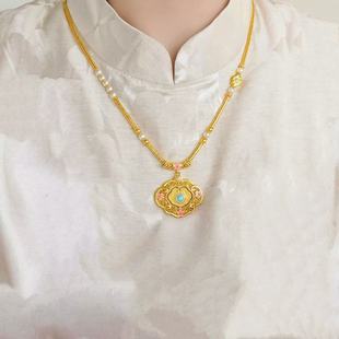 花开福临桃花锁包项链仿真黄金宋韵沙金金店同款毛衣链如意锁套链