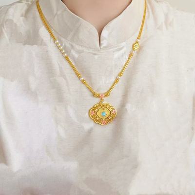 花开福临桃花锁包项链仿真黄金宋韵沙金金店同款毛衣链如意锁套链