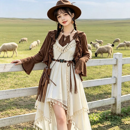 新款波西米亚风吊带连衣裙套装度假旅拍服饰复古法式显瘦气质防晒