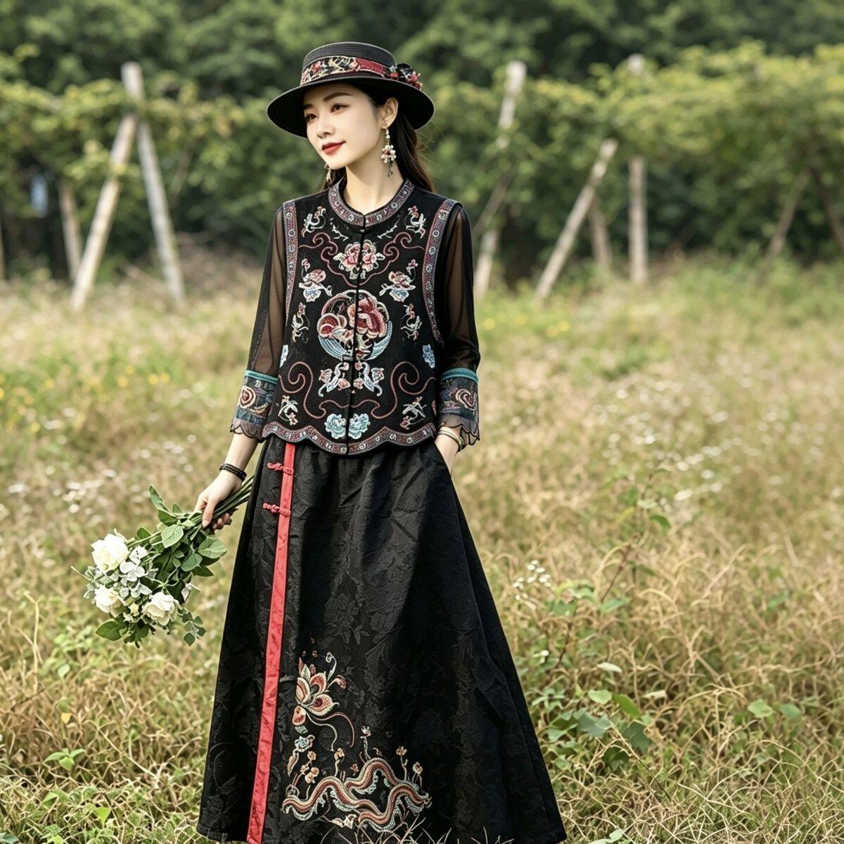 新款民族风女装提花大摆舞蹈裙松紧腰半身裙子复古缎面长裙套装女