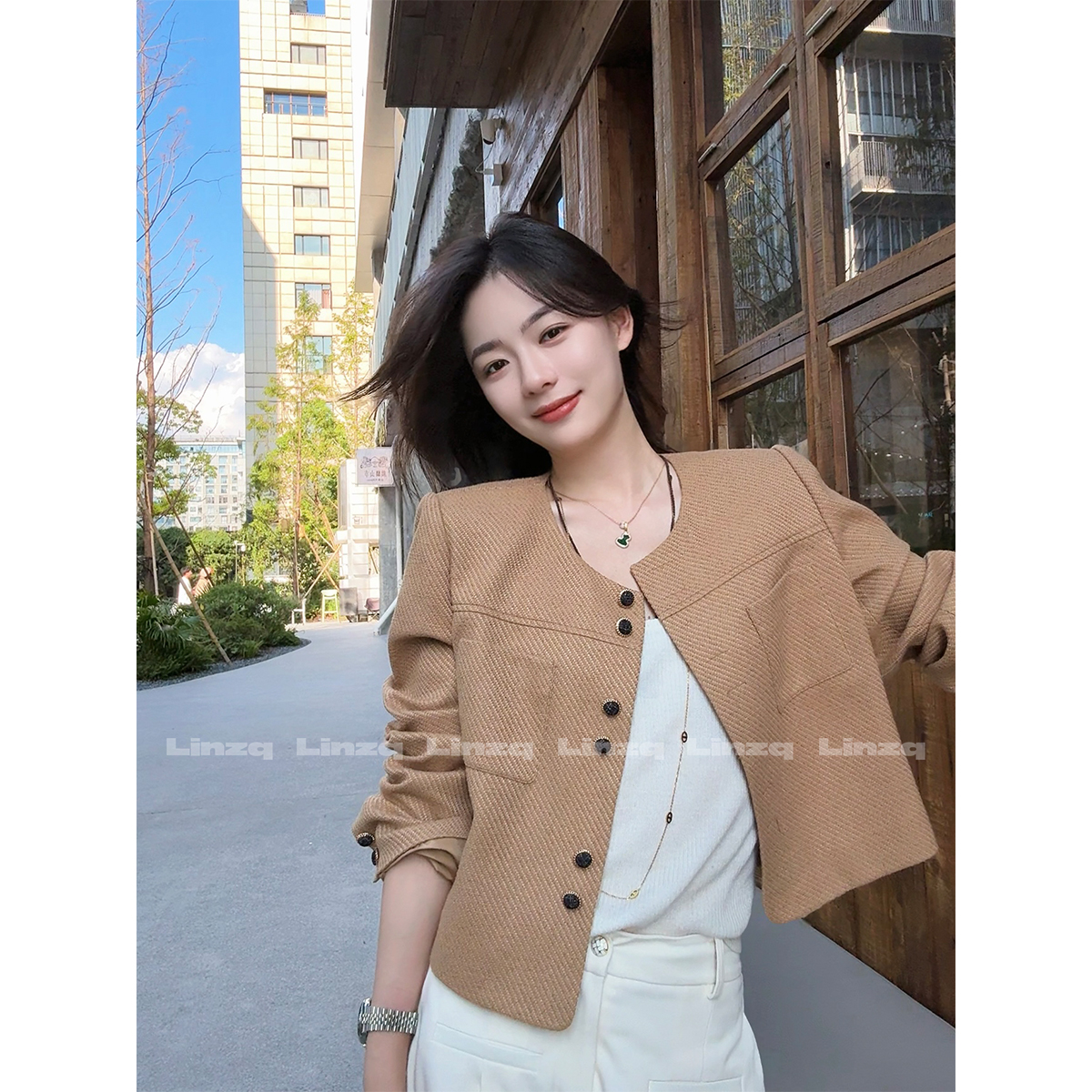 林子秋 【秋色弥深】浅咖色色织小香外套