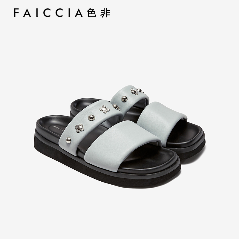 色非甜酷风水钻厚底羊皮凉拖鞋