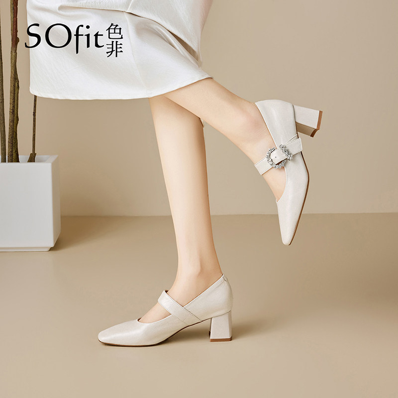 色非真皮水钻浅口单鞋女2026新款春季法式高跟一字带配裙子玛丽珍