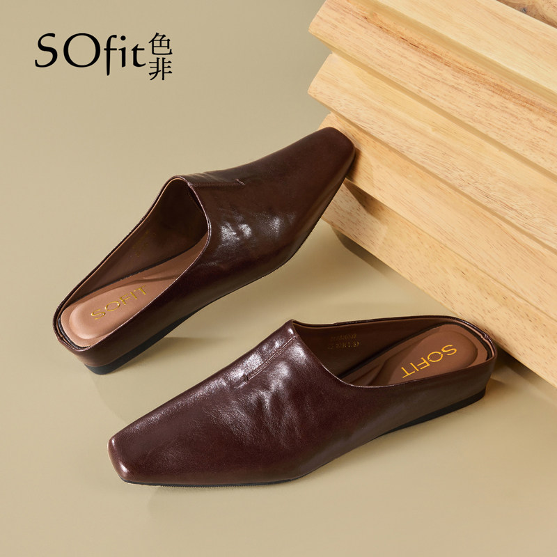 色非真皮包头半拖鞋女2026新款复古内增高勃肯鞋懒人一脚蹬穆勒鞋