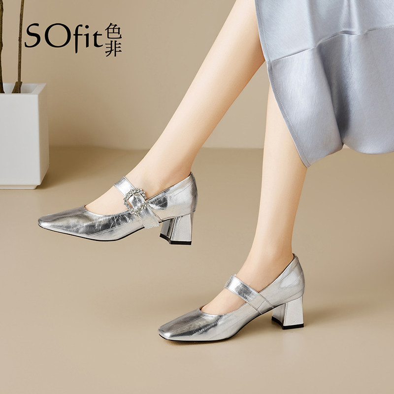 色非真皮高跟玛丽珍鞋女2026新款春季银色水钻扣气质百搭通勤单鞋