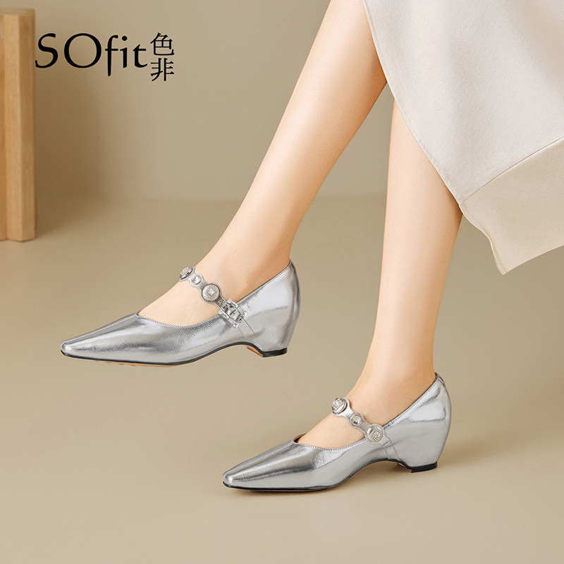 色非浅口银色单鞋女2026新款春季法式粗跟玛丽珍鞋气质尖头小皮鞋,女鞋,玛丽珍鞋,淘宝优惠券,粉丝福利购,淘宝优惠卷