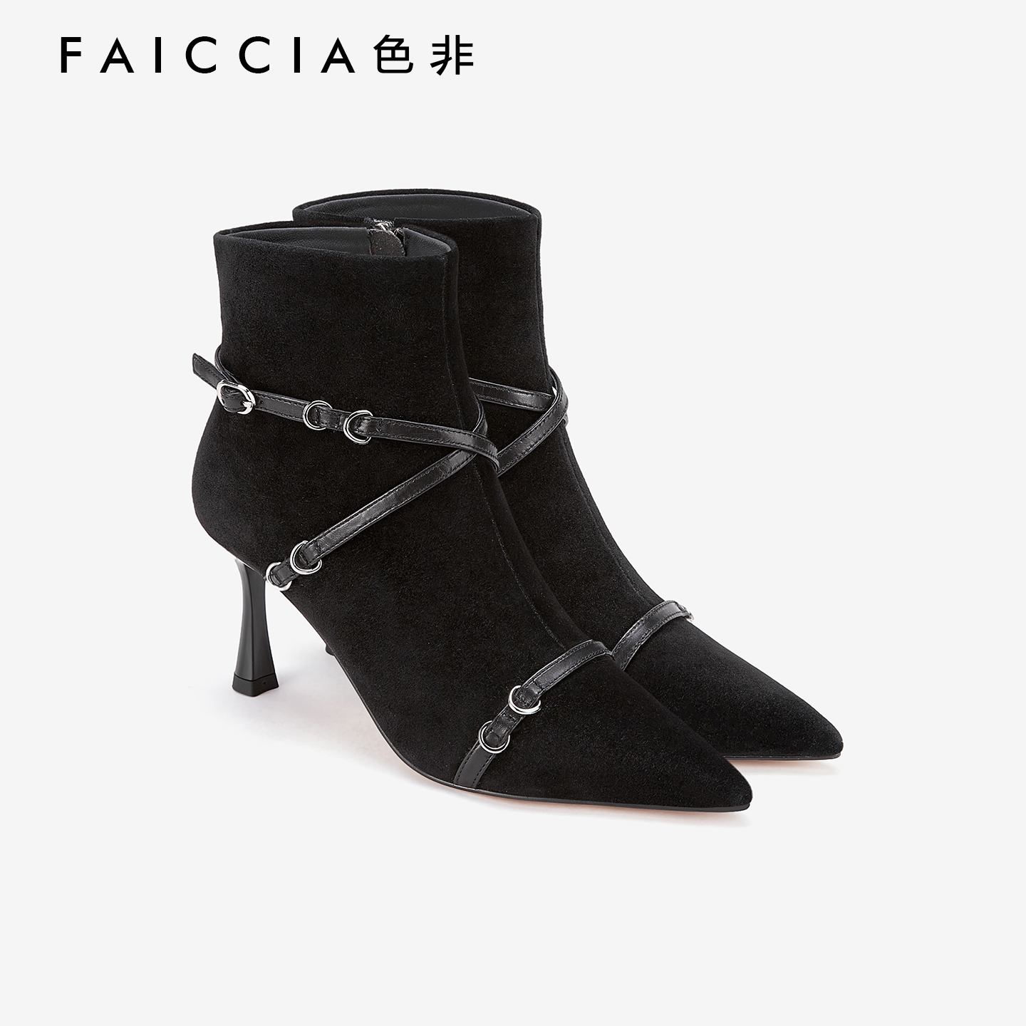 色非细高跟绒面尖头短靴女