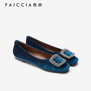 色非法式复古水钻方扣女单鞋2025秋季新款丝绒面女鞋平底鞋晚宴鞋