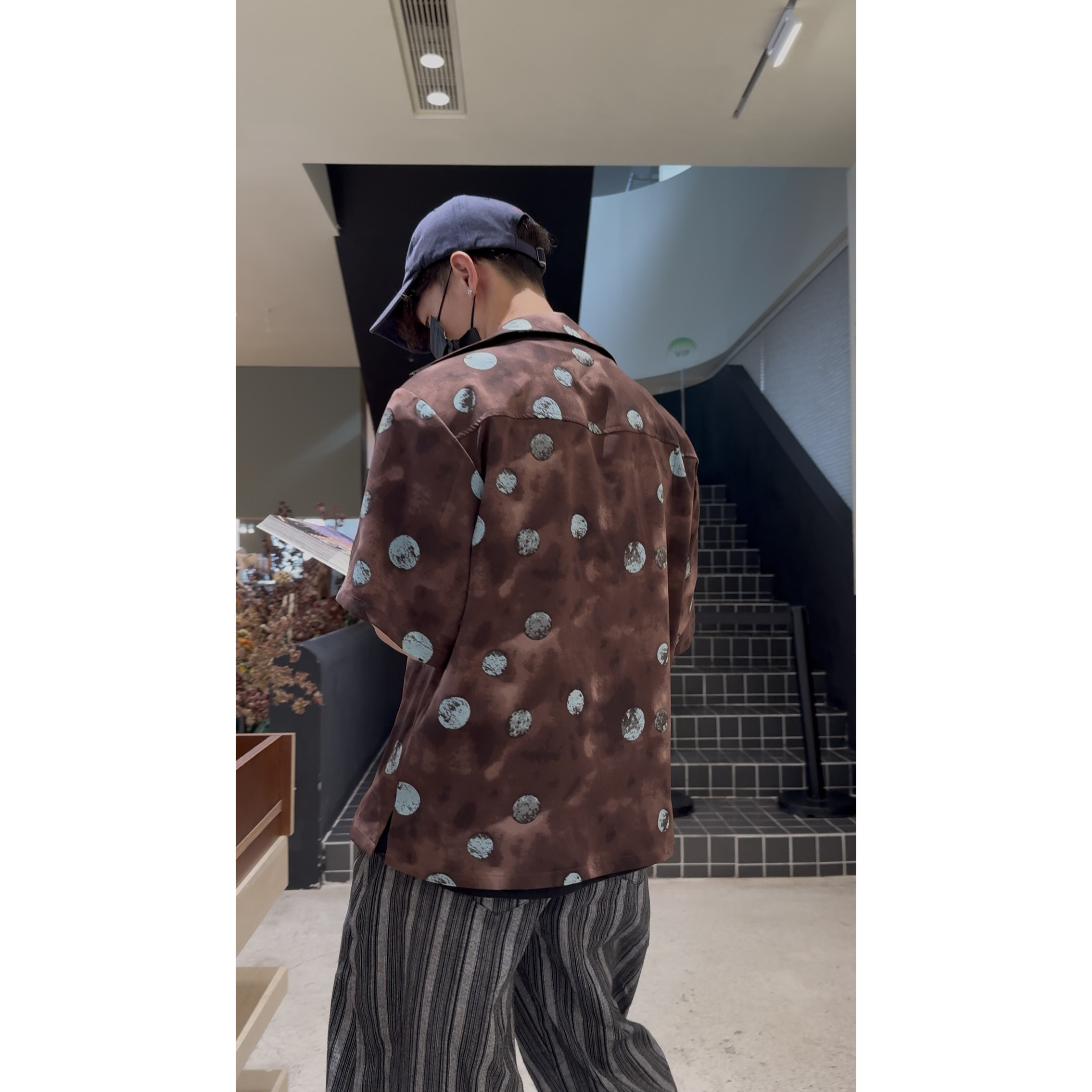 波点萤棕vintage冰感短袖男复古巴领洛克古着宽松衬衣港风花衬衫