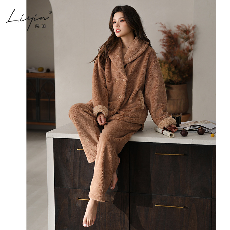 栗茵原创冬季舒棉绒韩系开衫女士睡衣保暖可外穿珊瑚绒家居服