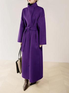 高级感气质女神范紫色双面呢羊毛大衣女高个子超长款立领毛呢外套