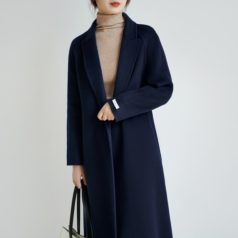 藏青色气质高端双面羊绒毛呢大衣女2024中长款系带呢子大衣外套冬