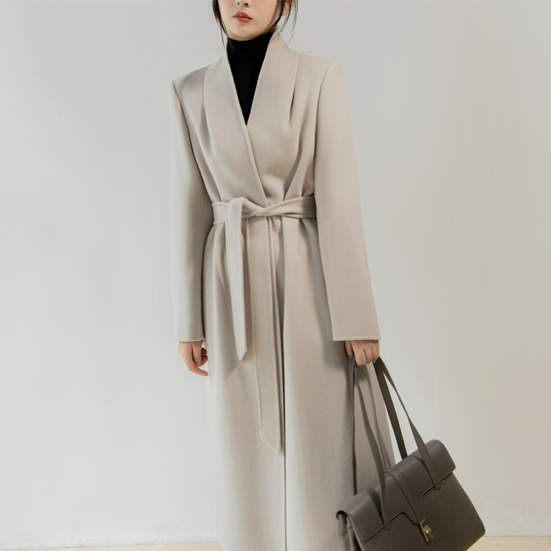 白色无领正肩职业双面羊毛大衣冬