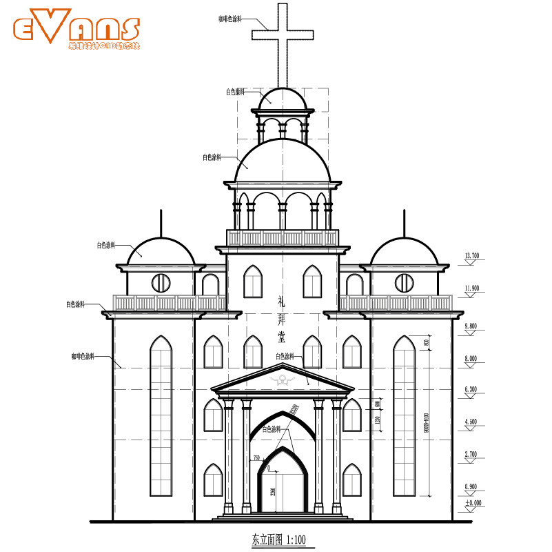 三层欧式教堂建筑施工图CAD电子版白色礼拜堂混凝土结构