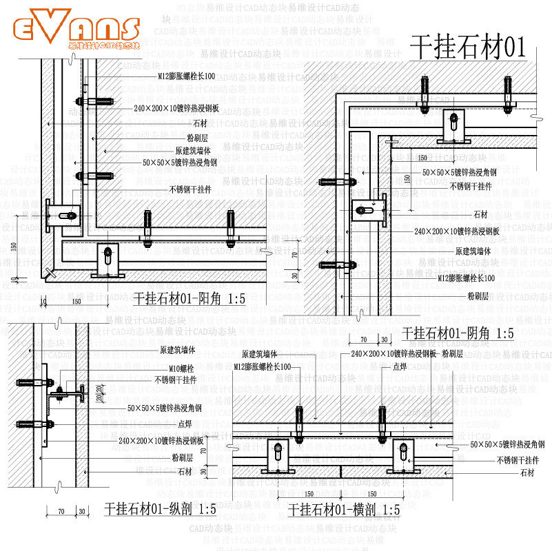 干挂石材节点图cad动态块电子版 细部大样图建筑装饰设计资料图集