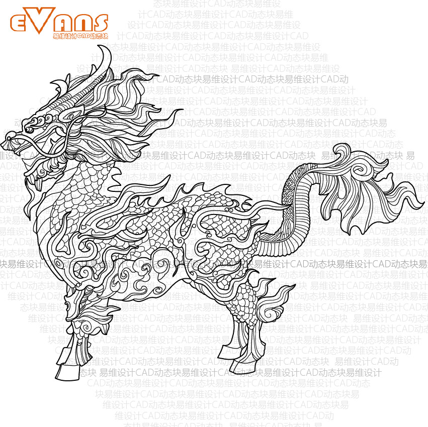 麒麟图案cad(dwg格式)电子版 中式传统古典瑞兽纹样平面线条资料