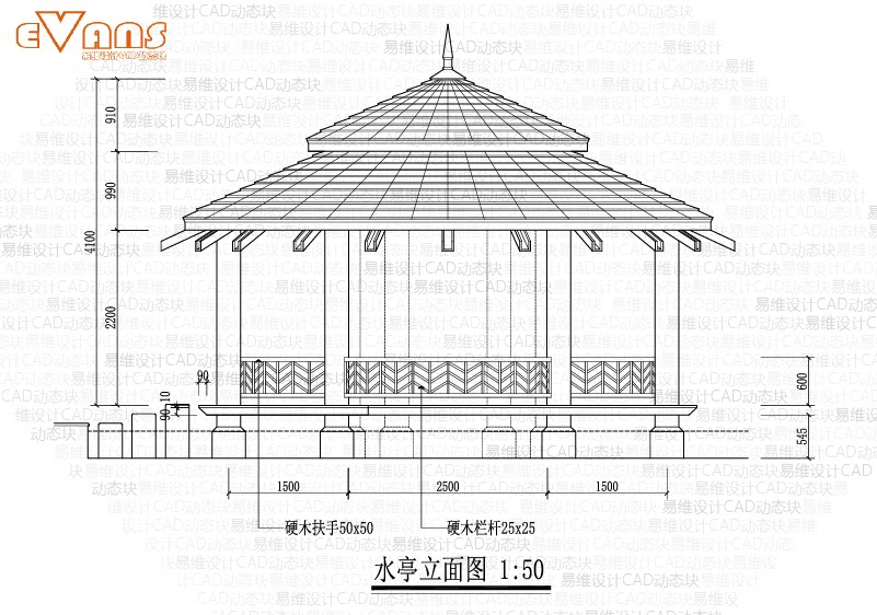 水亭cad电子版动态块 混凝土柱子木屋顶亭子图纸建筑结构施工图