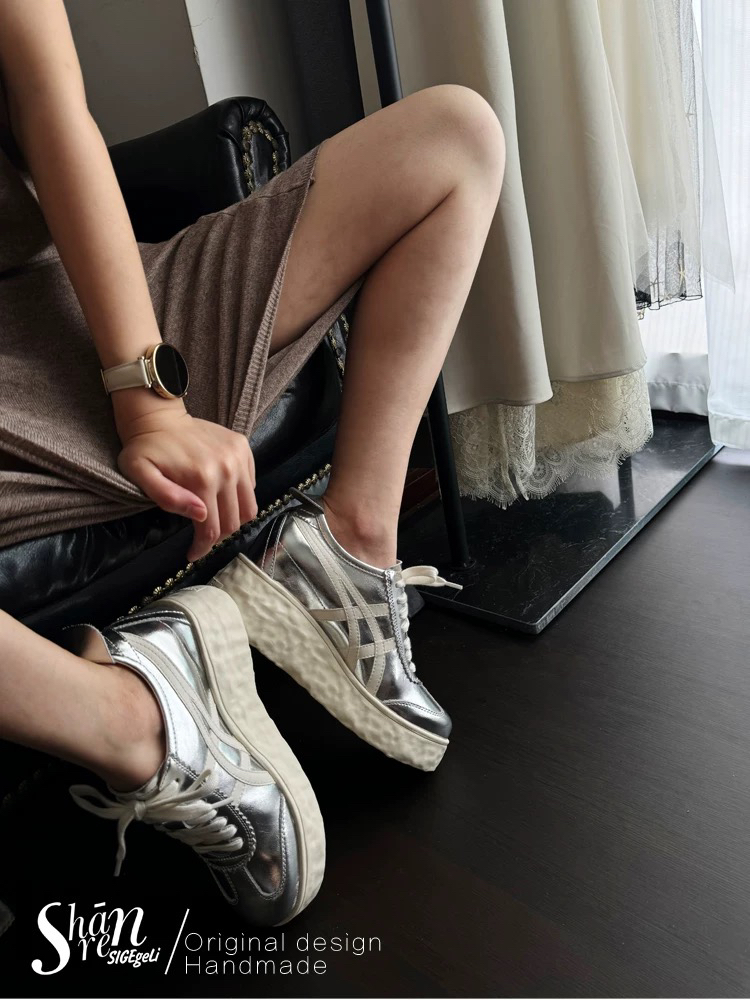 内增高小个子款 ShānRen 真皮复古德训鞋女百搭厚底休闲单鞋银色