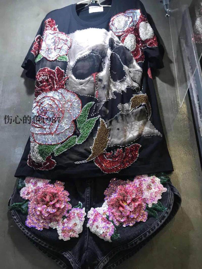 泰国重工手工钉珠潮牌 绣花 骷髅头 宽松大码短袖T恤衣服