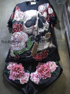 泰国重工手工钉珠潮牌 绣花 骷髅头 宽松大码短袖T恤衣服