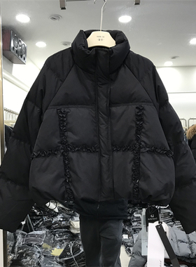 欧洲站黑色木耳边羽绒服女短款2025冬新款新国标90白鸭绒外套9899